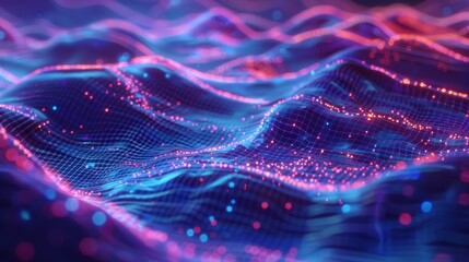Abstract holographic mesh with floating data points and neon highlights, offering a visually engaging and futuristic design