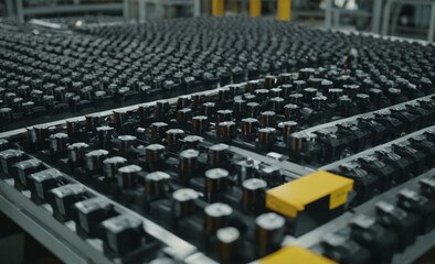 Fototapeta premium Close-up View of Electric Car Battery Cells Mass Production Assembly Line in a Busy Factory