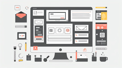 Create an illustration of a website layout, UX design theme, front view, emphasizing clean lines and userfriendly interfaces, advanced tone, monochromatic color scheme.