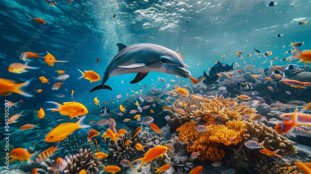Poster an underwater view of a dolphin pod swimming among schools of colorful fish, their synchronized move