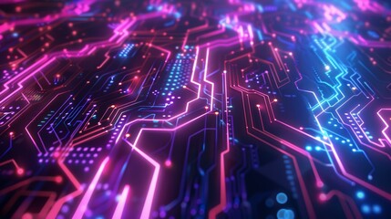 Fototapeta premium Geometric cybernetic grid with interconnected circuits and neon highlights, offering a visually engaging and modern abstract background