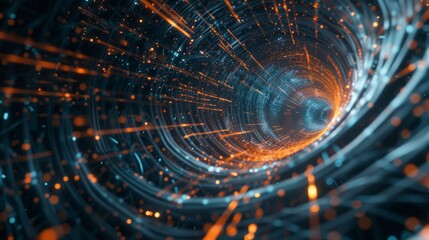 Fototapeta premium Digital abstract vortex with floating nodes and glowing lines, creating a visually striking and futuristic high-tech background