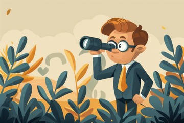 Cartoon businessman looking through binoculars for new opportunities, exploration concept