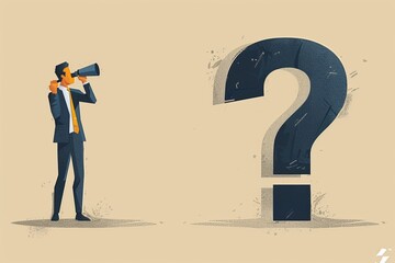 Businessman looking through binoculars at a large question mark, symbolizing vision and uncertainty