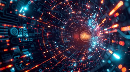 Fototapeta premium Hi-tech digital vortex with interconnected circuits and glowing lines, forming a visually engaging and sophisticated abstract background