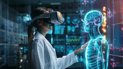 Healthcare professional is utilizing VR technology to examine a holographic skeleton and a 3D model of the human body, showcasing the progress in medical technology. 