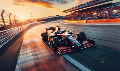 Futuristic Race Car Speeding Through Track at Sunset with Grandstand Viewers, Motion Blur Effect and Sunset Light Background