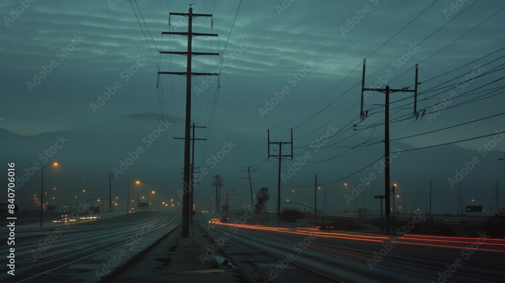 Poster electricity poles along a highway at dusk, with car headlights and a fading sky, emphasizing the con
