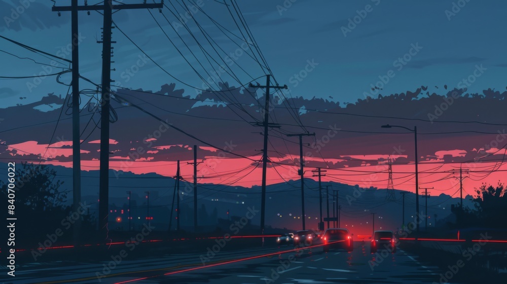 Aufkleber electricity poles along a highway at dusk, with car headlights and a fading sky, emphasizing the con