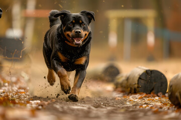 Rottweiler dog running energetically on a dirt path in an autumn setting