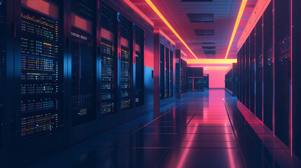 Fototapeta premium Design a visualization of a big data center, storage theme, side view, highlighting massive data servers and interconnected systems, cybernetic tone, complementary color scheme.