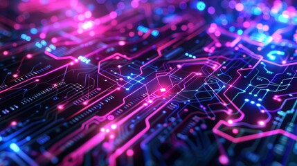 Fototapeta premium Hi-tech fractal patterns with bright neon highlights and interconnected circuits, offering a visually engaging and modern design