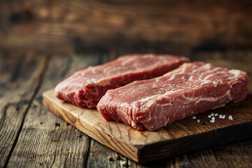 Fototapeta premium raw meat on wooden board, Two pieces of raw meat placed on a rustic wooden cutting board, ready for preparation. 