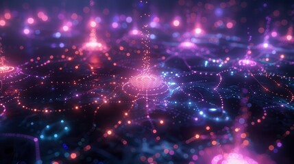 Futuristic landscape with interconnected nodes and glowing elements, creating a visually engaging and complex high-tech background