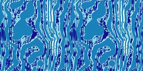 Fototapeta premium Summer blue dyed wave water pattern with broken linear stripe effect. Fresh blue underwater texture background for modern seamless nautical maritime organic style. 