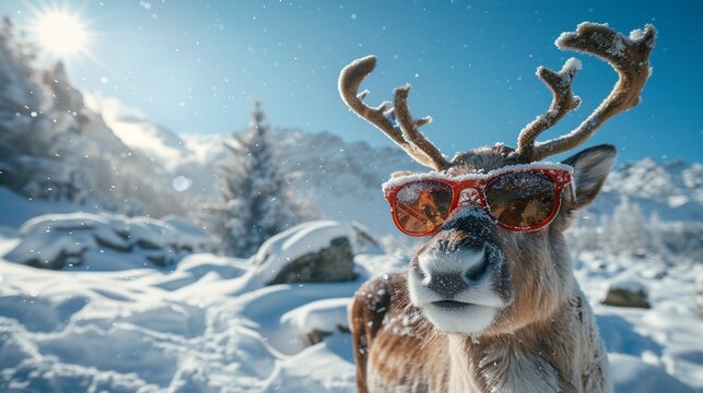 Stylish reindeer with sunglasses in snow, detailed, bright colors, clear sky, sunny mountain scene 8K , high-resolution, ultra HD,up32K HD