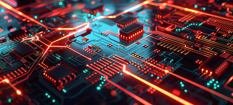 Develop a detailed visualization of intricate circuitry, electronic theme, side view, emphasizing complex connections, futuristic tone, triadic color scheme.