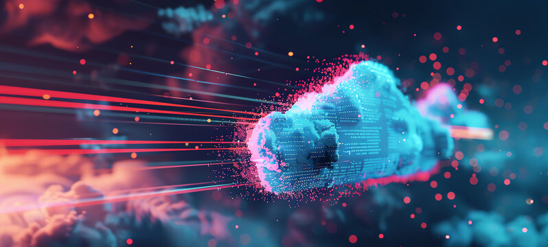 Develop an image of a virtual cloud environment, cloud computing infrastructure theme, side view, emphasizing virtual machines and resource allocation, futuristic tone, triadic col