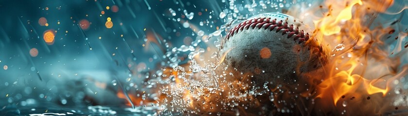 Water splashing on baseball with fire, high detail, dramatic lighting, vibrant hues, dynamic scene 8K , high-resolution, ultra HD,up32K HD