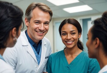 Obraz premium Happy multi-ethnic healthcare workers, Caucasian doctor and Latina nurses in uniforms and lab coats, smiling and collaborating in the hospital.