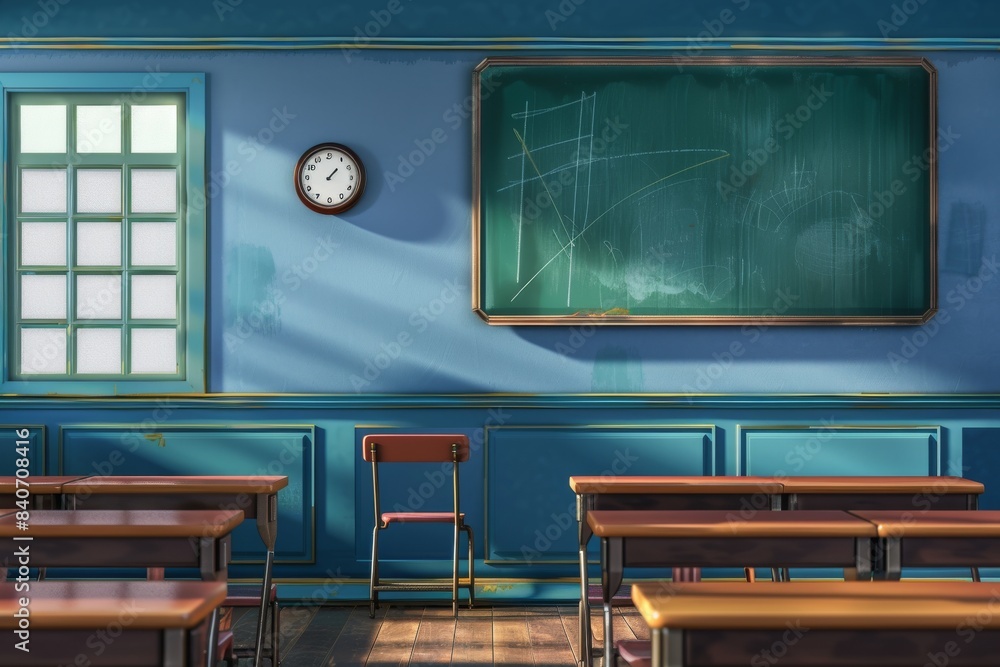 Aufkleber empty classroom with rows of desks and chairs, chalkboard and clock, sunlight casting shadows