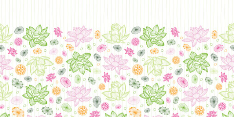 Vector waterlilies or lotuses horizontal border with vertical stripes. Great for oriental invitation cards design.