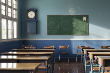 Retro classroom with wooden desks, chairs, and a green chalkboard