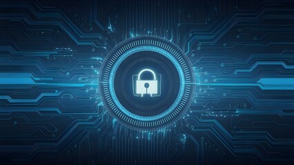 A blue technology background with a lock in a round center, computer technology background, technology abstract background