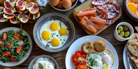 Fototapeta premium a table topped with plates of food and bowls of fruit and vegetables next to eggs and breads