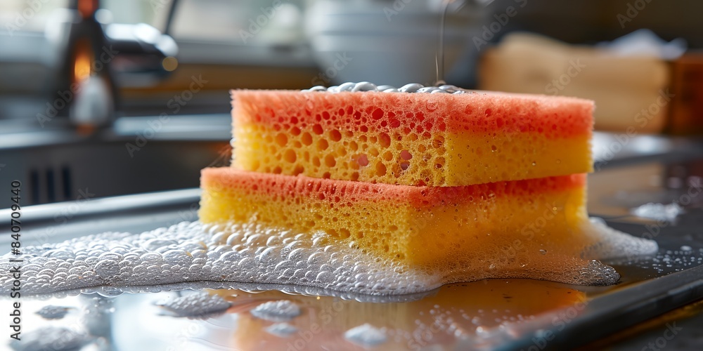 Poster close up of a sponge on a tray with water droplets on it and a sink in the background