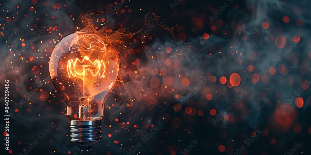 Poster light bulb with a glowing inside of it on a dark background