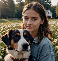 Retrato chica y perro en un campo de margaritas cerca de una granja