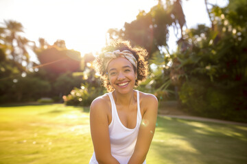 Jeune femme métisse souriante dans un parc ensoleillé