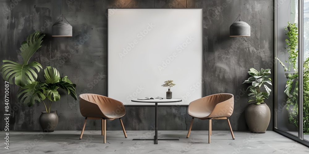 Poster table with two chairs and a table with a plant on it in a room with a large window.