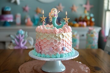 cake with a mermaid theme on a table with other decorations © inspiretta