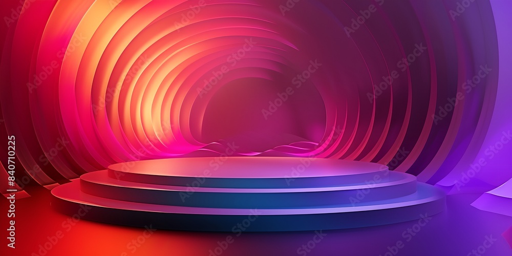 Poster a colorful background with a stage and a circular design on the top of it with a bright light at the