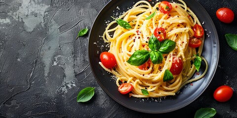 a plate of spaghetti with tomatoes and basil on a black plate on a gray surface