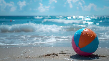 Obraz premium a bright multi-colored children's ball lies on the sand in the foreground stand on the sand on the beach against a background of beautiful blue water and waves