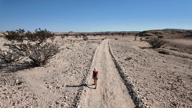 Aerial view of a tourist woman visiting Wadi Dawkah park in Oman in Dhofar region. UNESCO site.