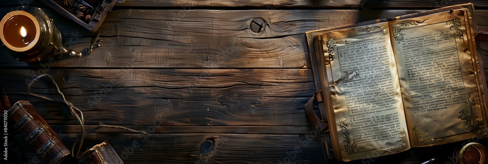 Poster an old book is open on a wooden table with a lamp and other items around it