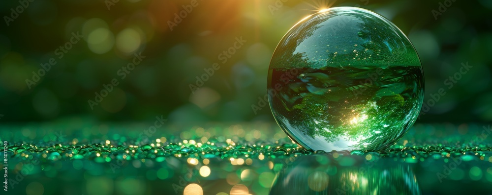 Poster closeup of an empty glass sphere with green reflections and bokeh background