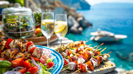 A table with a blue plate of food and two glasses of wine © Formoney
