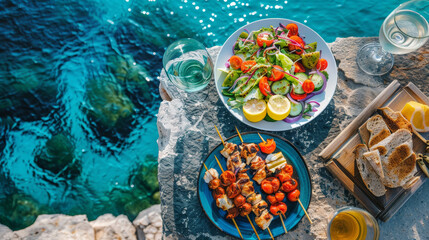 A plate of food with a salad and a glass of wine is on a table by the water