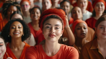 Obraz premium Women in orange shirts standing together, diverse ages and body types
