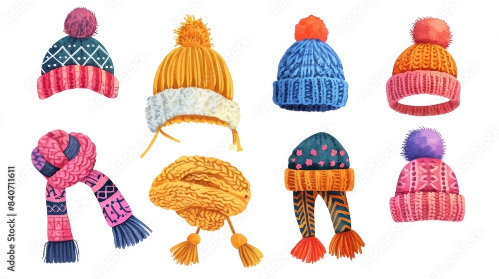 Poster a collection of handmade knitted hats and scarves in various colors and patterns
