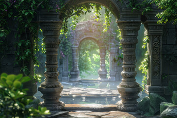 Fototapeta premium A stone archway with a lush green forest on either side