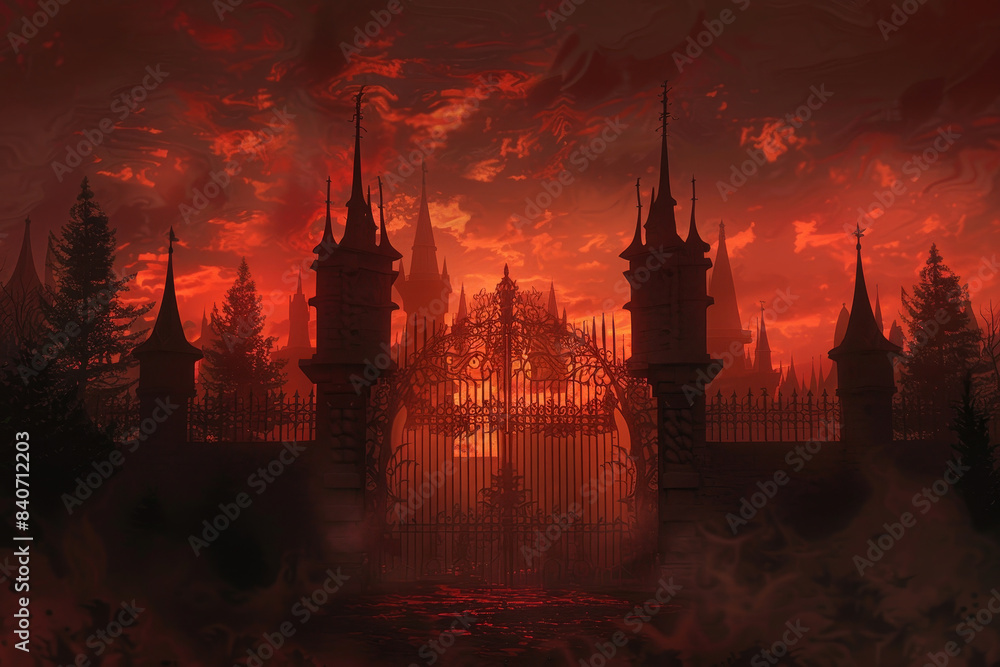 Poster a dark castle with a gate that is open and surrounded by trees