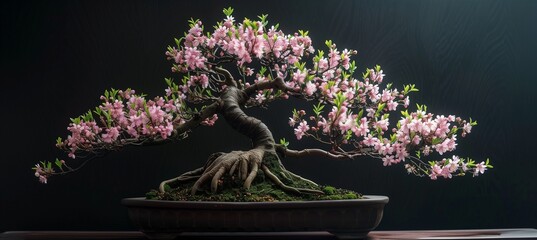 Flowers bloom in the bonsai garden and pots surrounded by nature.