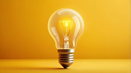 Single light bulb radiating bright light against a vivid yellow background