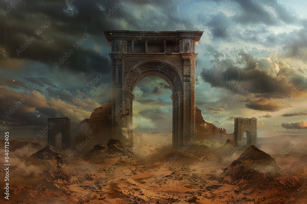 Poster a desolate landscape with a large archway in the middle